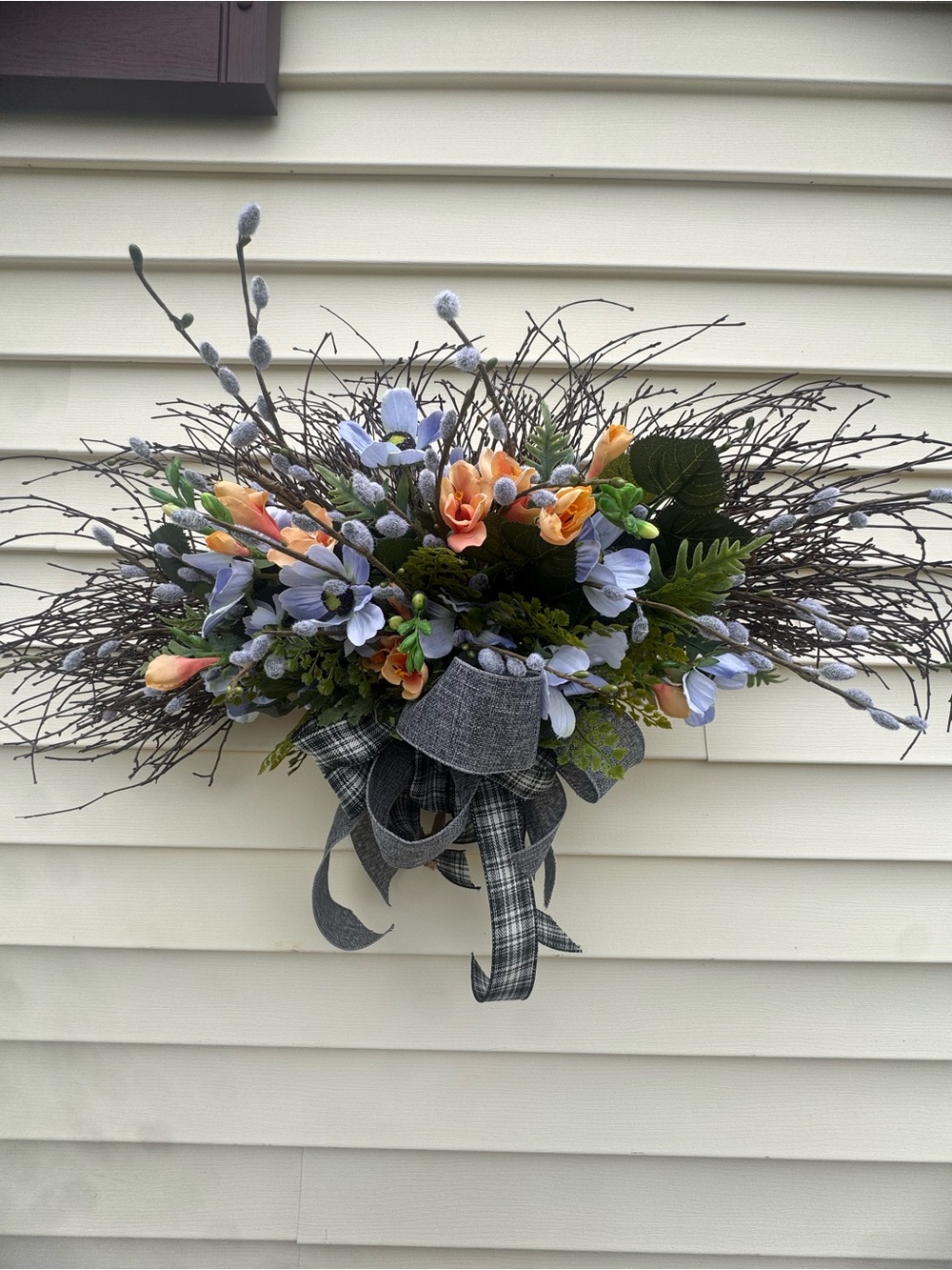 Handmade Spring Peach & Blue Floral Wall swag Fan wreath